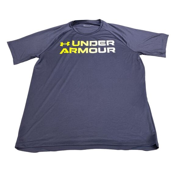 Under armour Tee Shirt Mens Medium Navy Spell Out Logo Short Sleeve Crew Neck - Picture 12 of 15